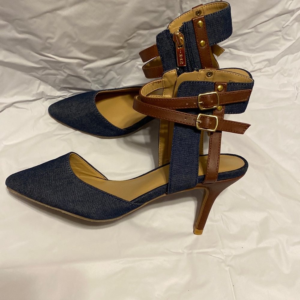 IMAN ANKLE STRAP PUMP HEEL SIZE 5.5M COLOR BLUE & BROWN